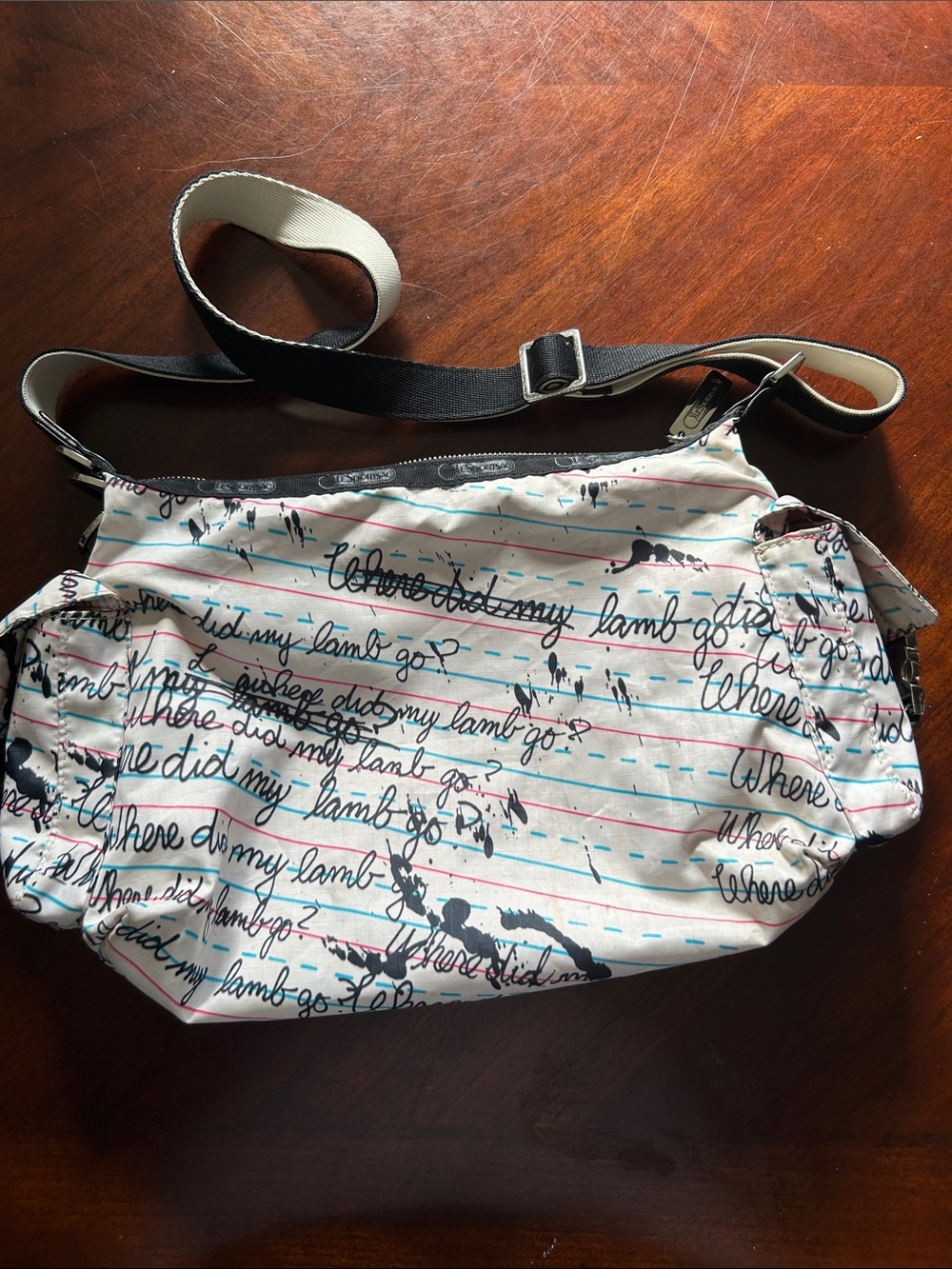 Lesportsac White Script-Print Crossbody Bag with Black Strap